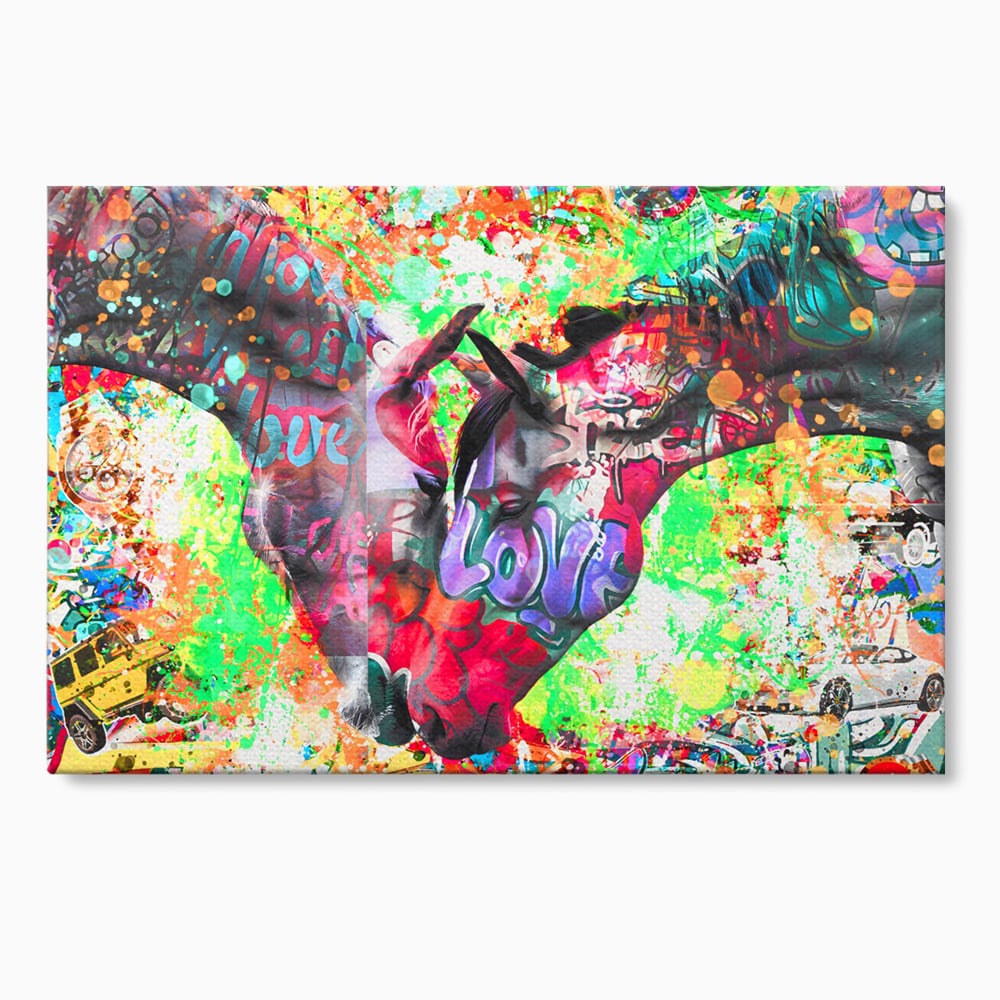 Tablou canvas cu tablou canvas cu doi cai si graffiti colorat, fara rama, pe sasiu de lemn